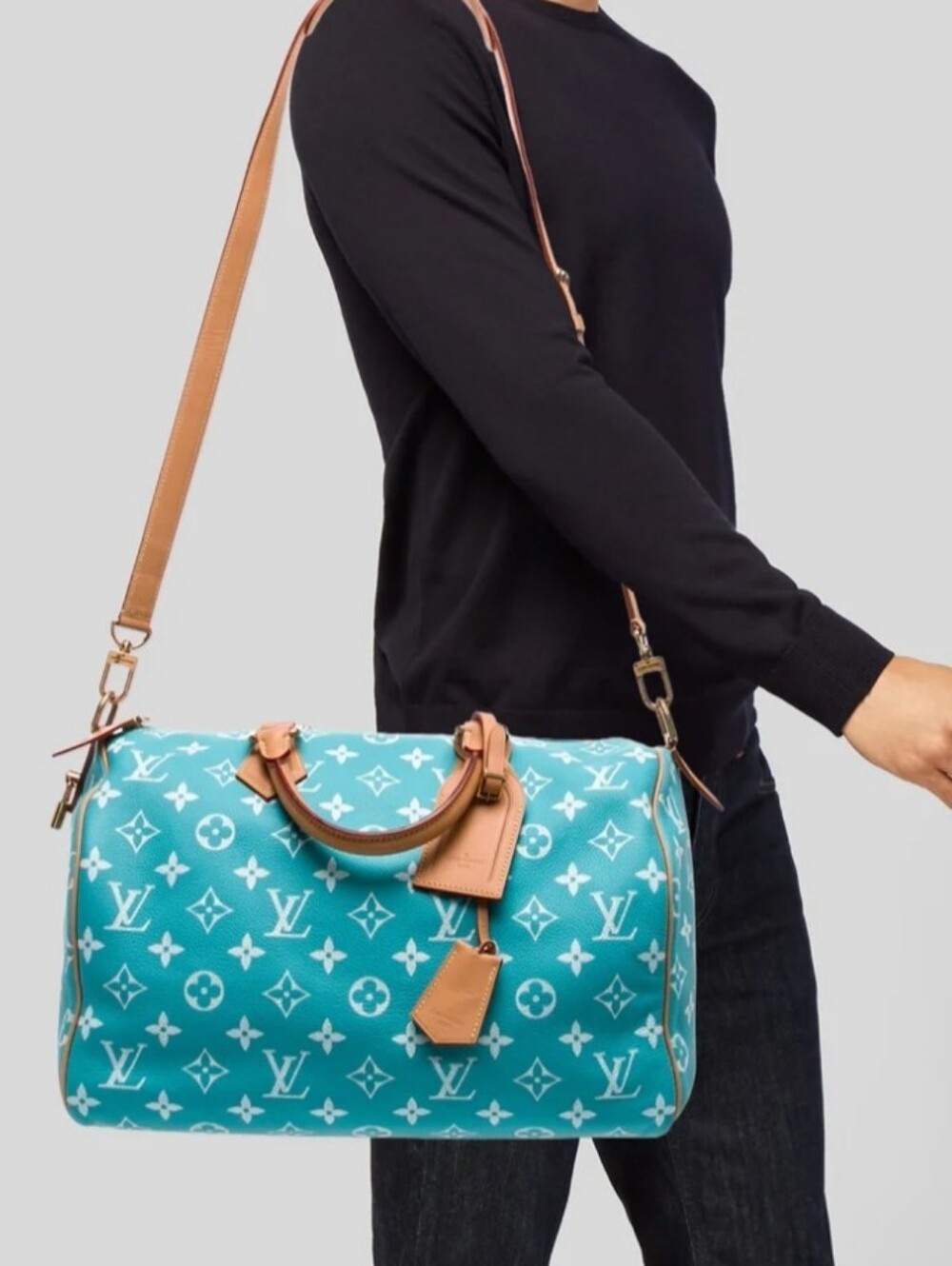 🌍Rare Turquoise/Caramel Barrel 35" Travel Tote - Picture 4 of 15